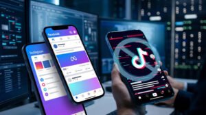 Facebook and Instagram logos beside the TikTok logo illustrating Meta's advertising ban in seven markets
