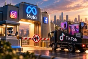 Facebook and Instagram logos beside the TikTok logo illustrating Meta's advertising ban in seven markets