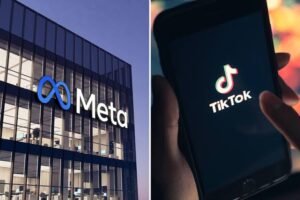 Facebook and Instagram logos beside the TikTok logo illustrating Meta's advertising ban in seven markets